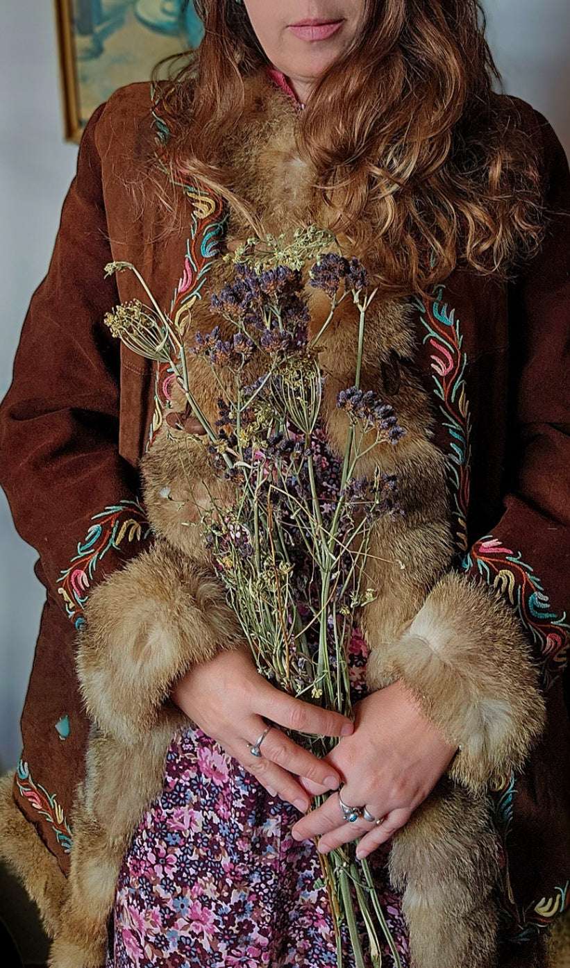 Vintage Suede & Fur Embroidered Coat – Boho Western Collector's Piece