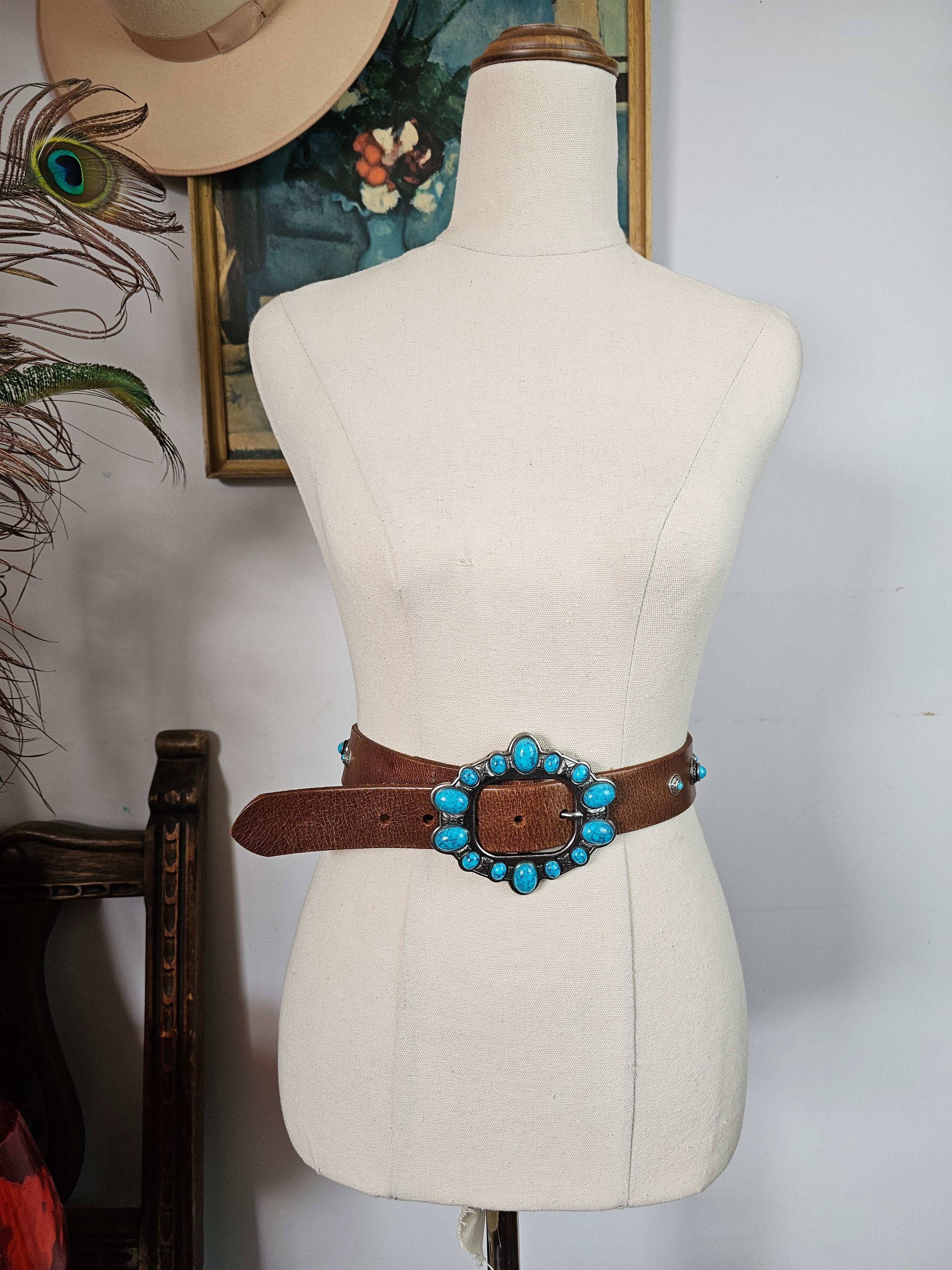 Vintage Turquoise Concho Belt – Size 34 (Adjustable 88–98cm)