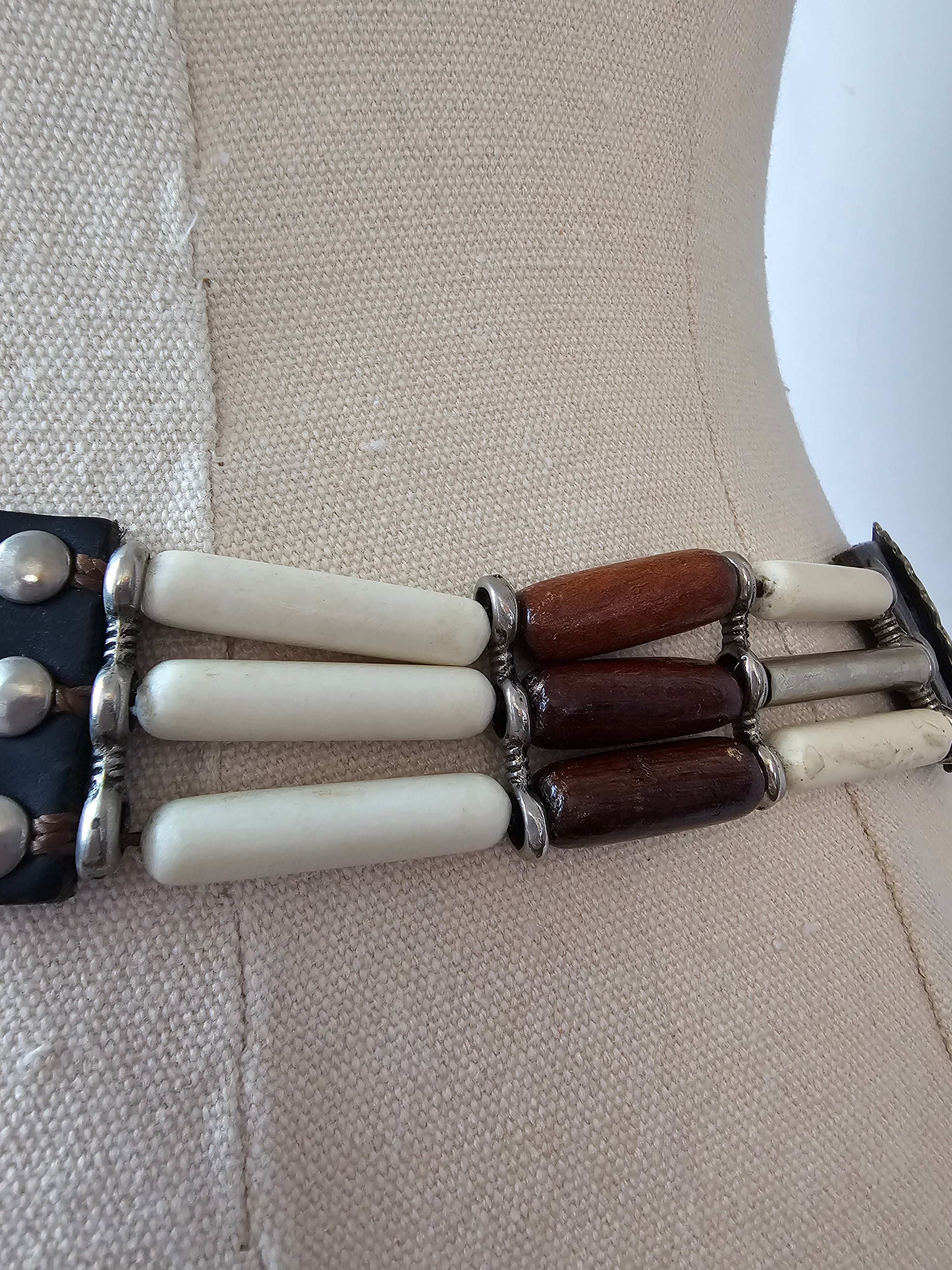 Vintage Bone & Beaded Leather Concho Belt | 77–88cm