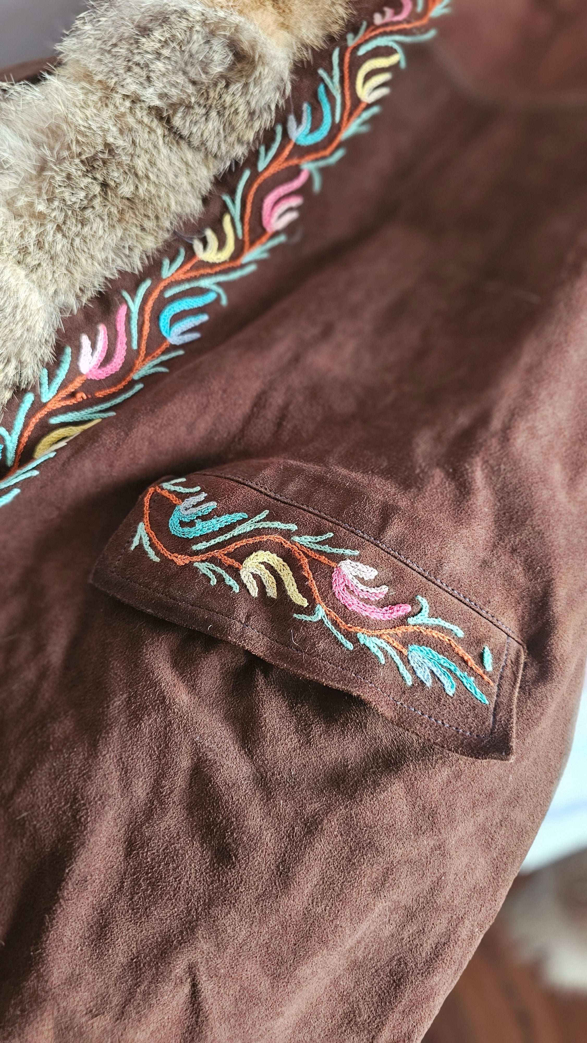 Vintage Suede & Fur Embroidered Coat – Boho Western Collector's Piece