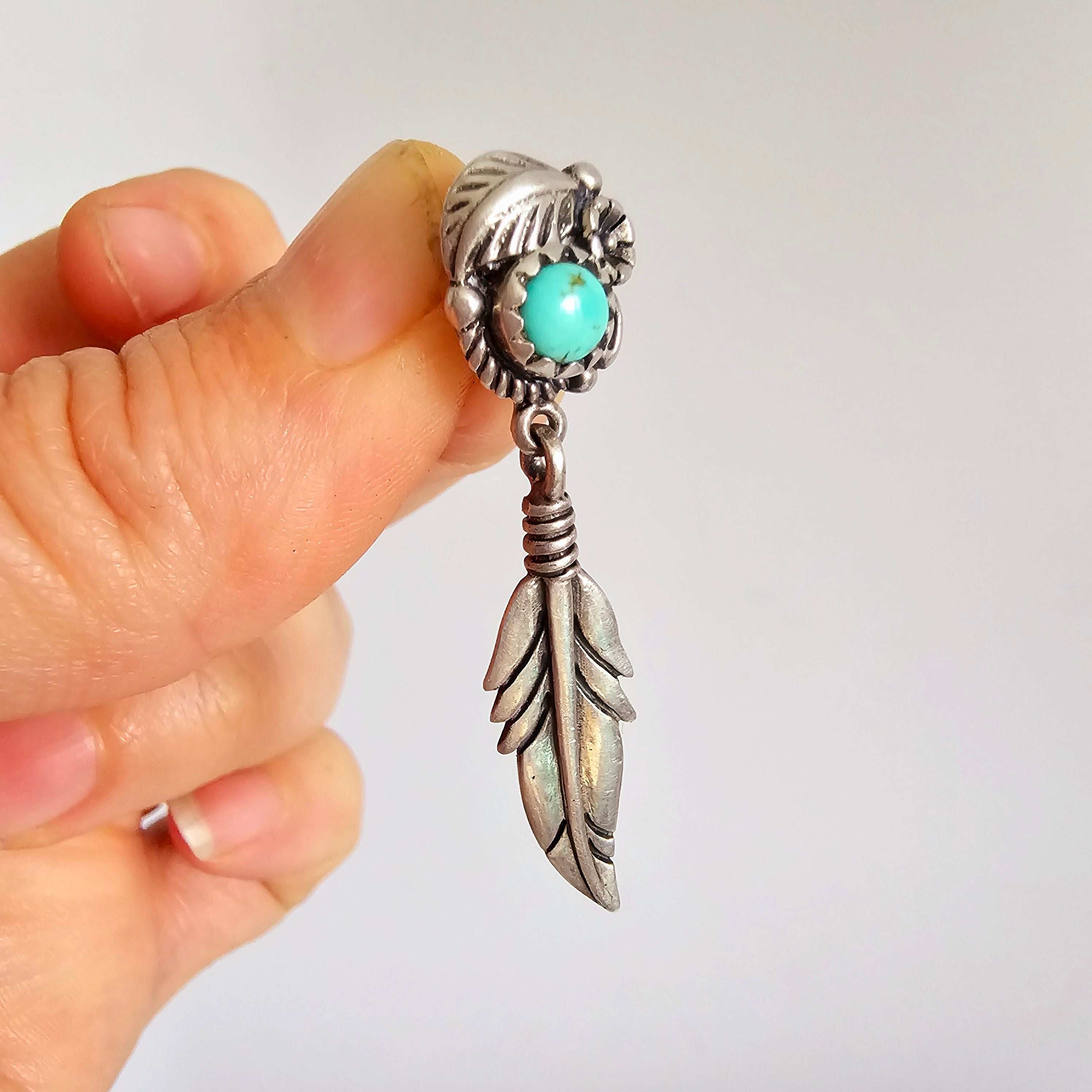 Vintage Sterling Silver Feather Earrings with Turquoise