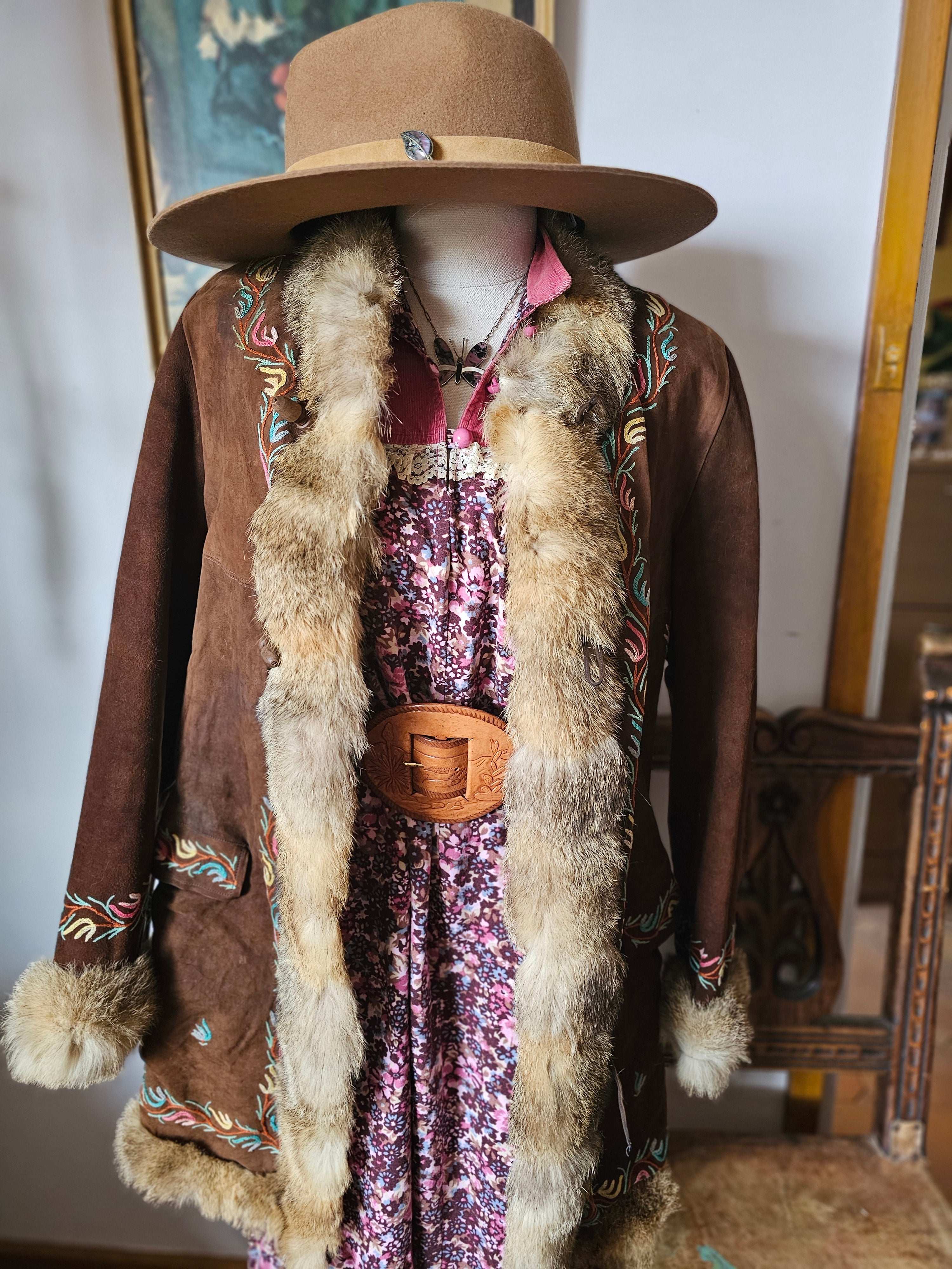 Vintage Suede & Fur Embroidered Coat – Boho Western Collector's Piece
