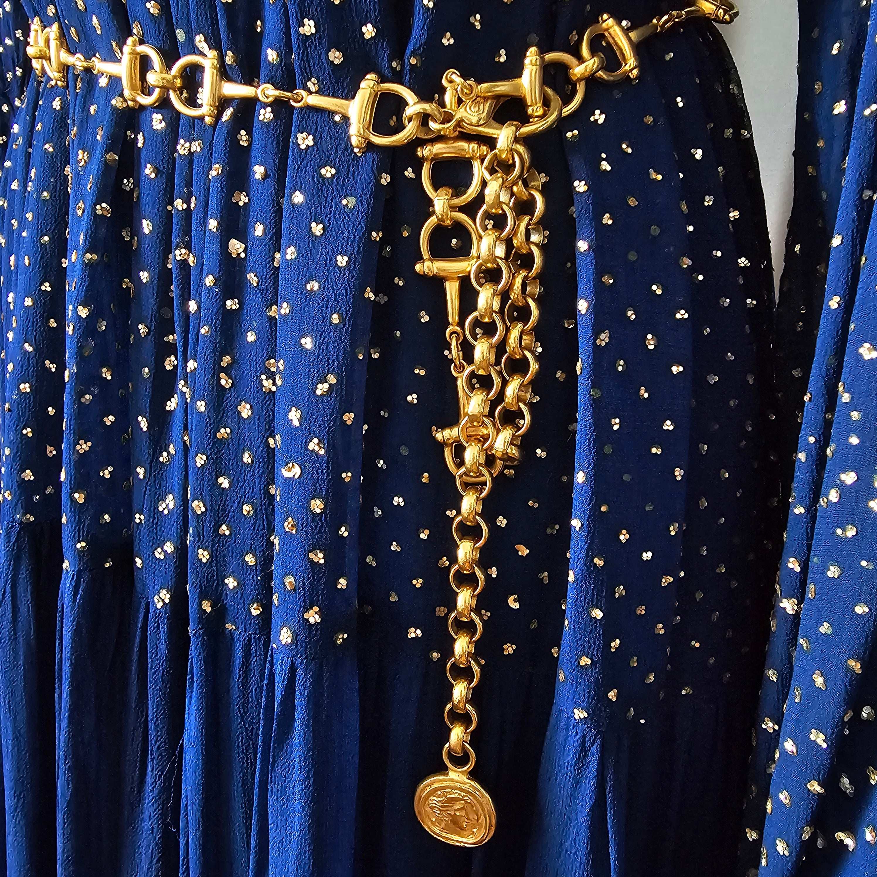 Vintage Gold-Tone Horsebit Chain Belt with Medallion Drop