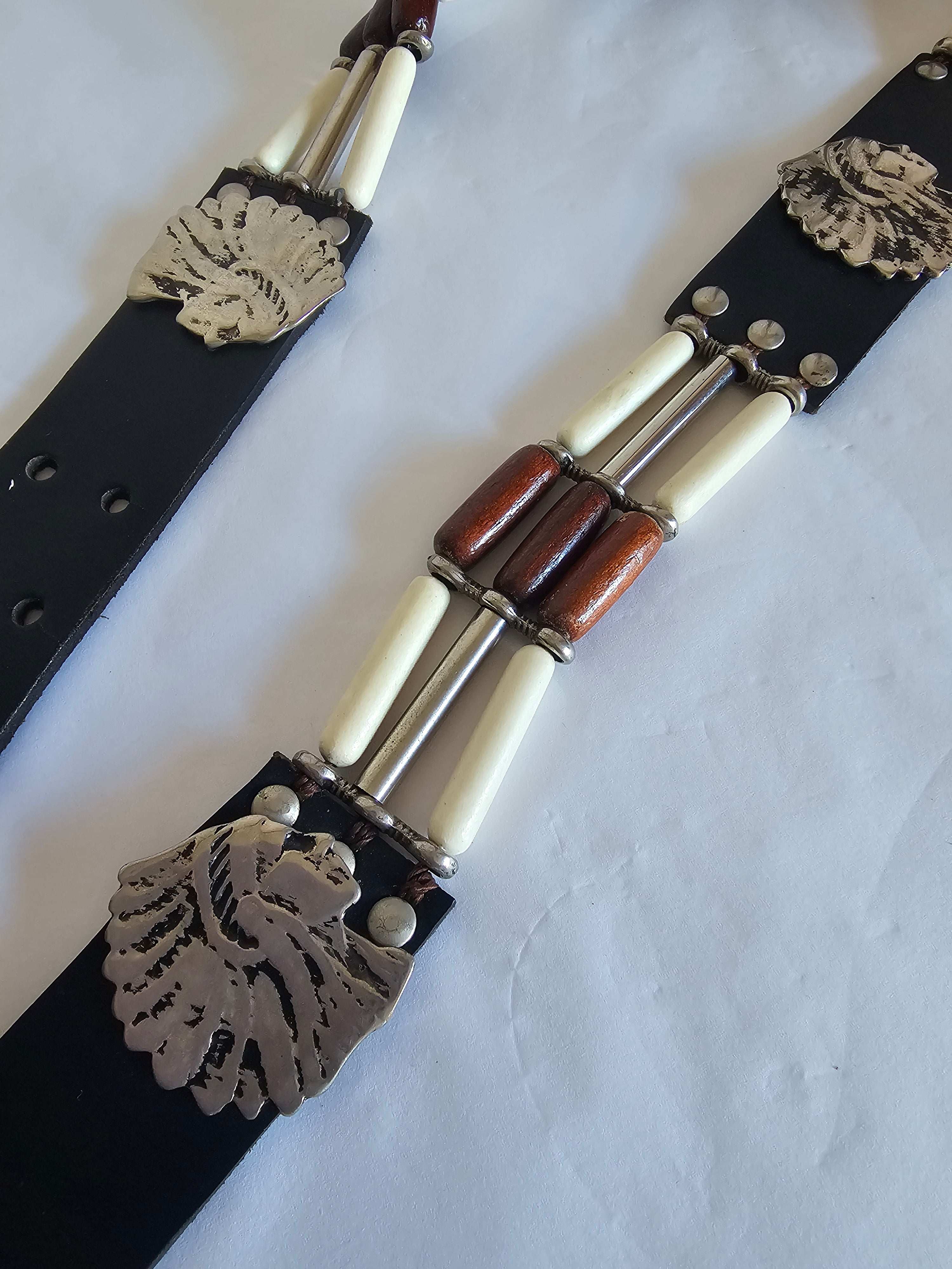 Vintage Bone & Beaded Leather Concho Belt | 77–88cm