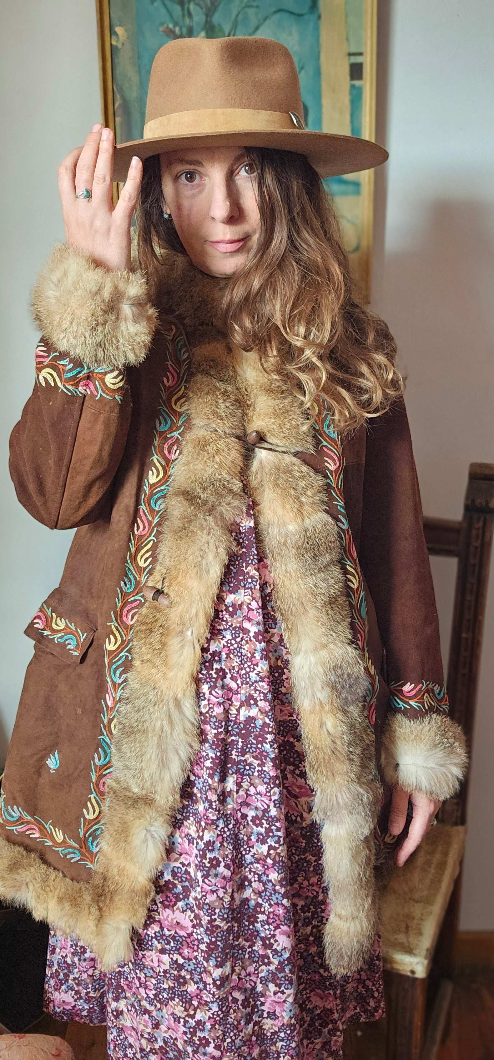 Vintage Suede & Fur Embroidered Coat – Boho Western Collector's Piece