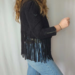 Superdry “Deluxe” Super Bolt Black Fringed Leather Jacket – Small