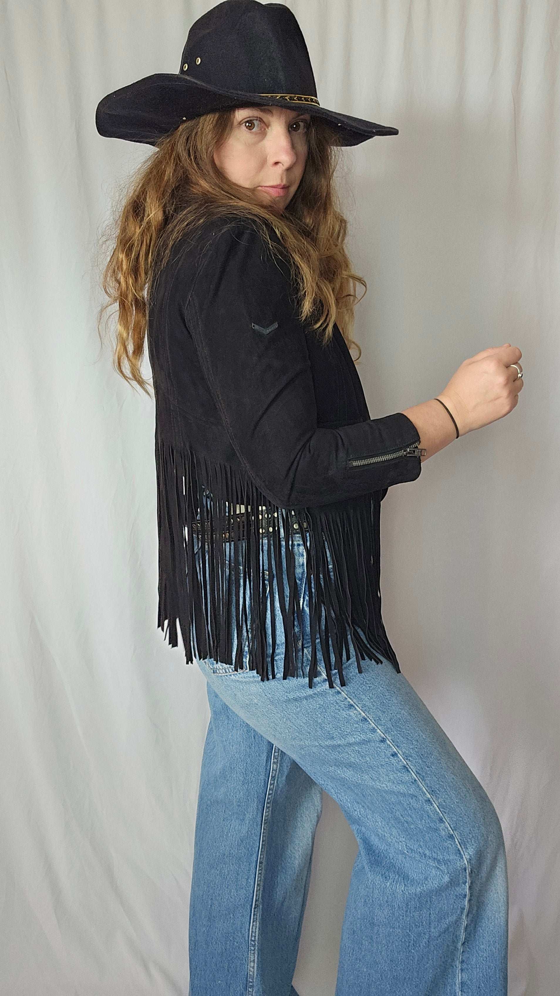 Superdry “Deluxe” Super Bolt Black Fringed Leather Jacket – Small