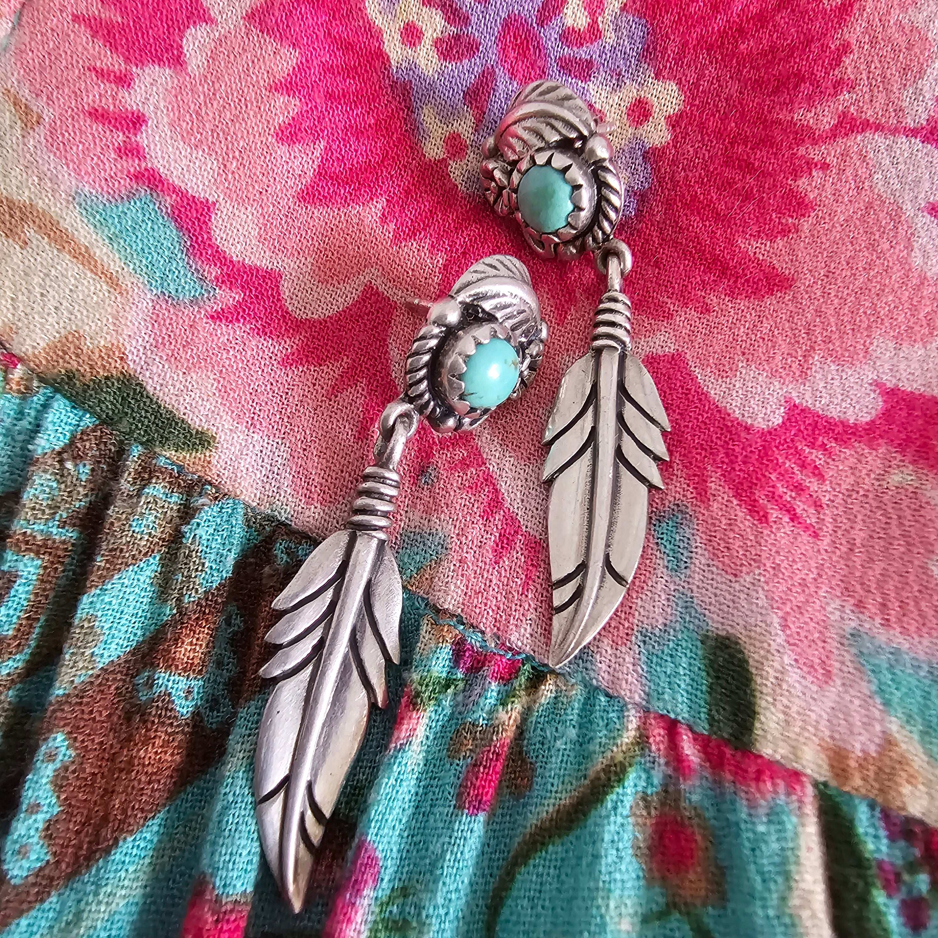 Vintage Sterling Silver Feather Earrings with Turquoise