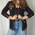 Superdry “Deluxe” Super Bolt Black Fringed Leather Jacket – Small
