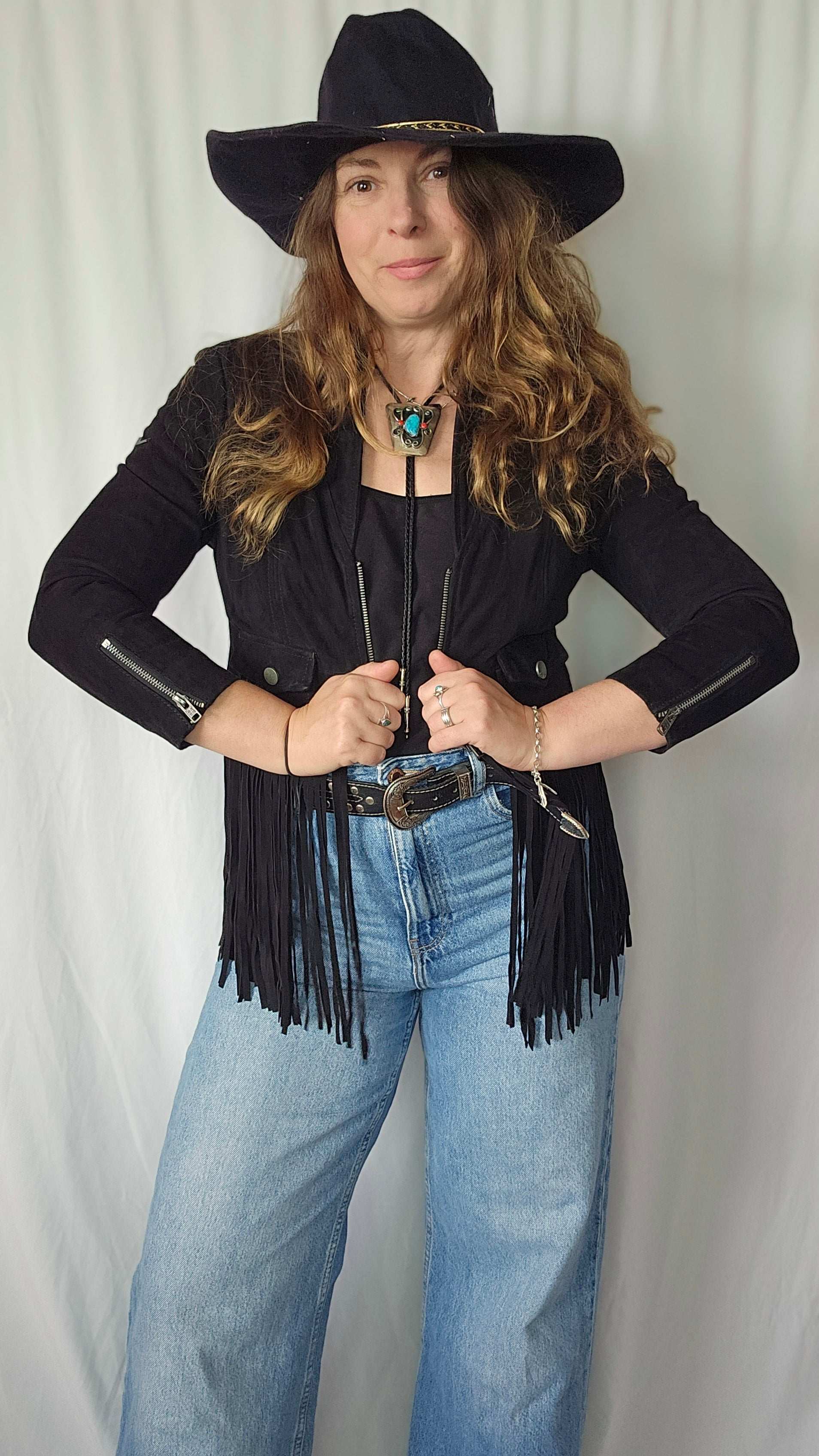 Superdry “Deluxe” Super Bolt Black Fringed Leather Jacket – Small