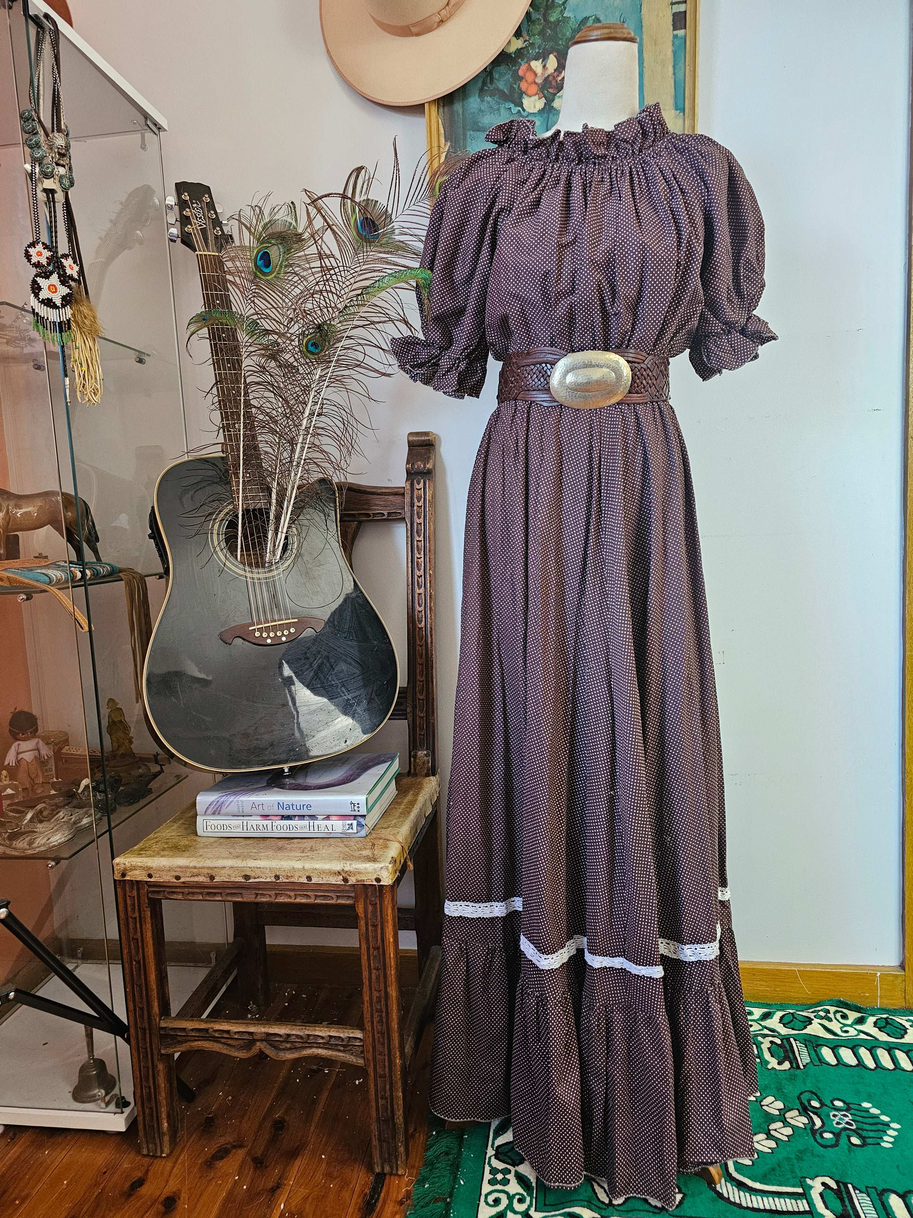 Vintage Cottagecore Maxi Dress – “Souvenirs of Midland, W.A.” Chocolate Polka Dot Romance