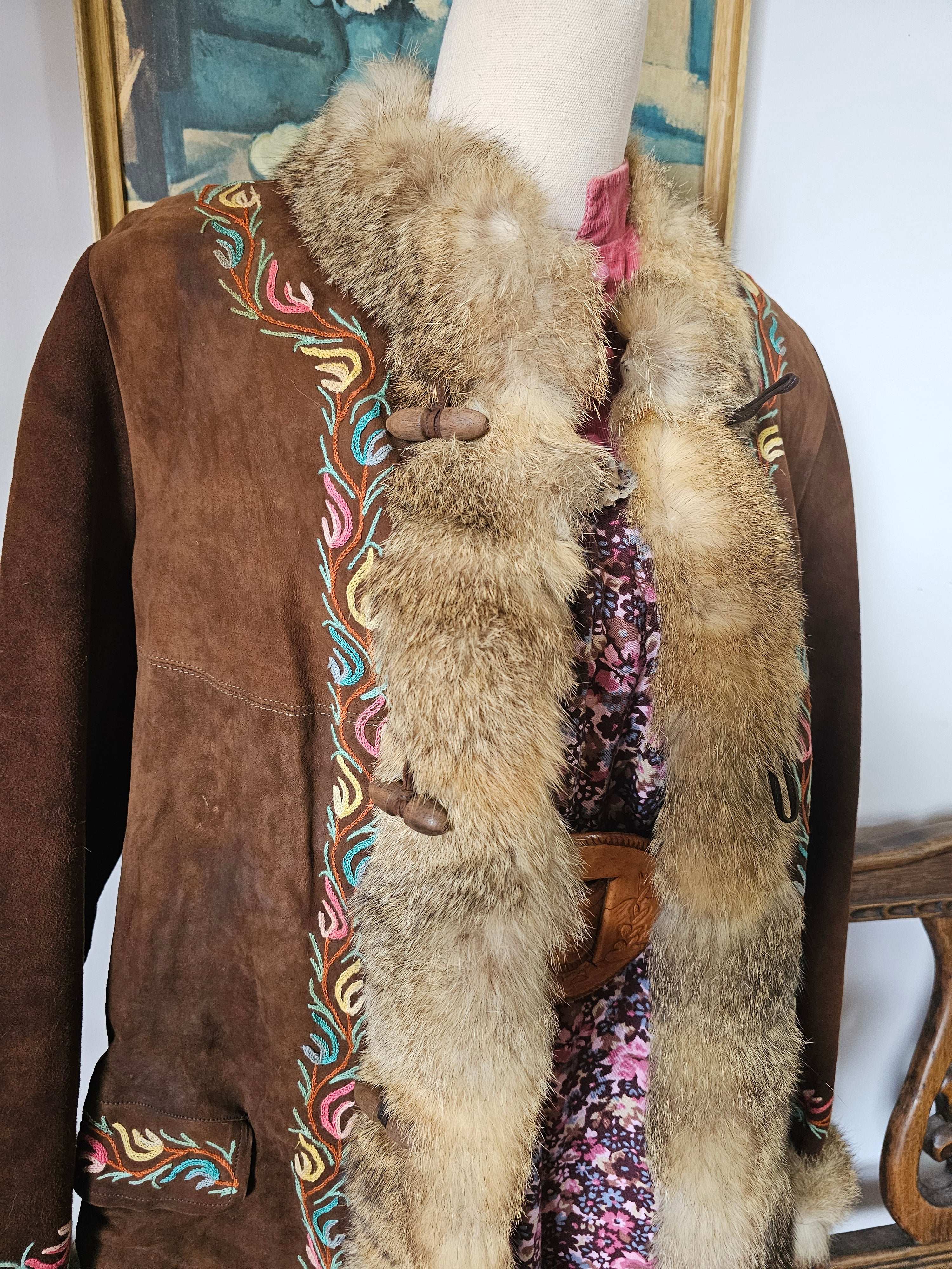 Vintage Suede & Fur Embroidered Coat – Boho Western Collector's Piece