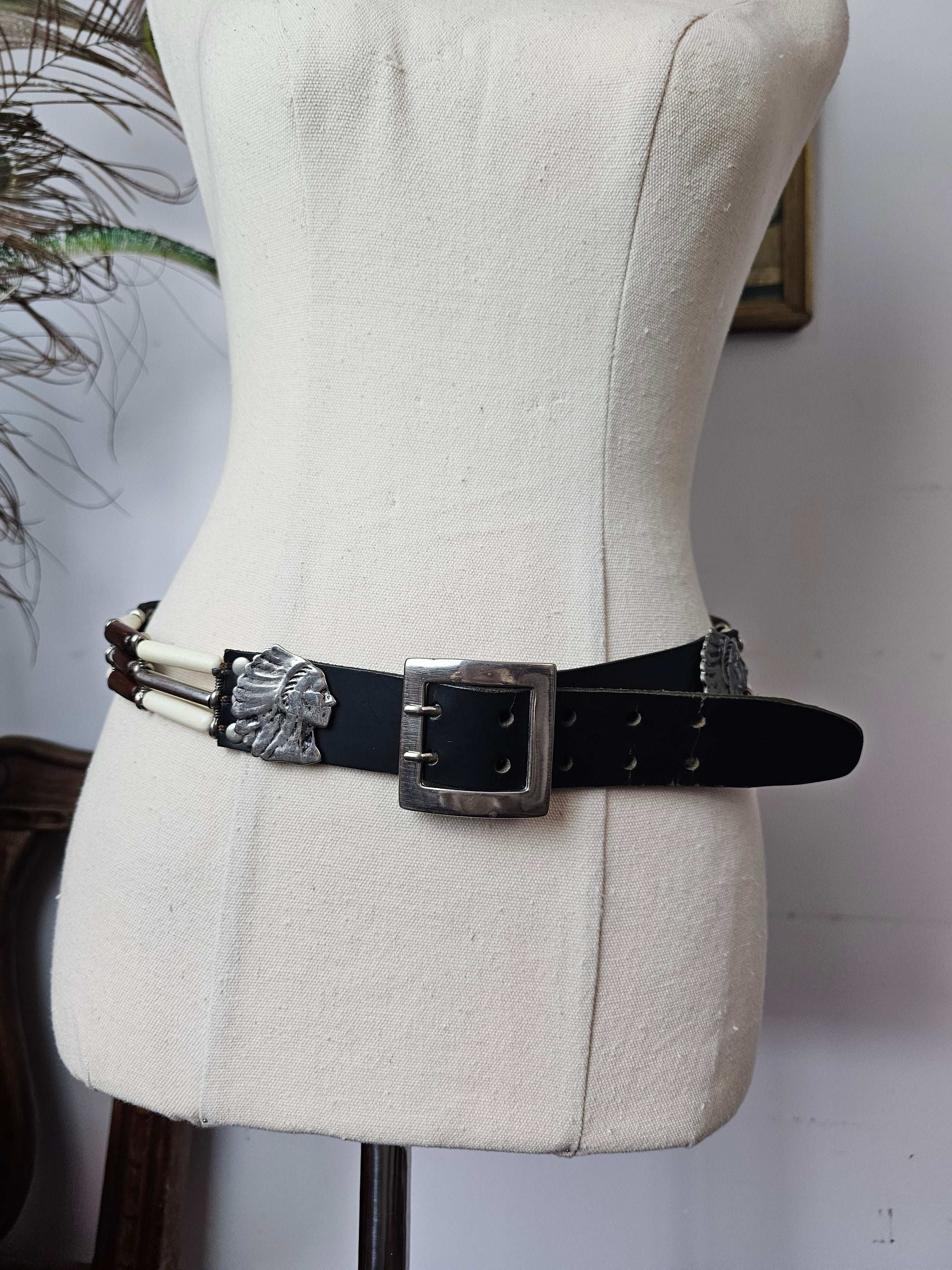 Vintage Bone & Beaded Leather Concho Belt | 77–88cm