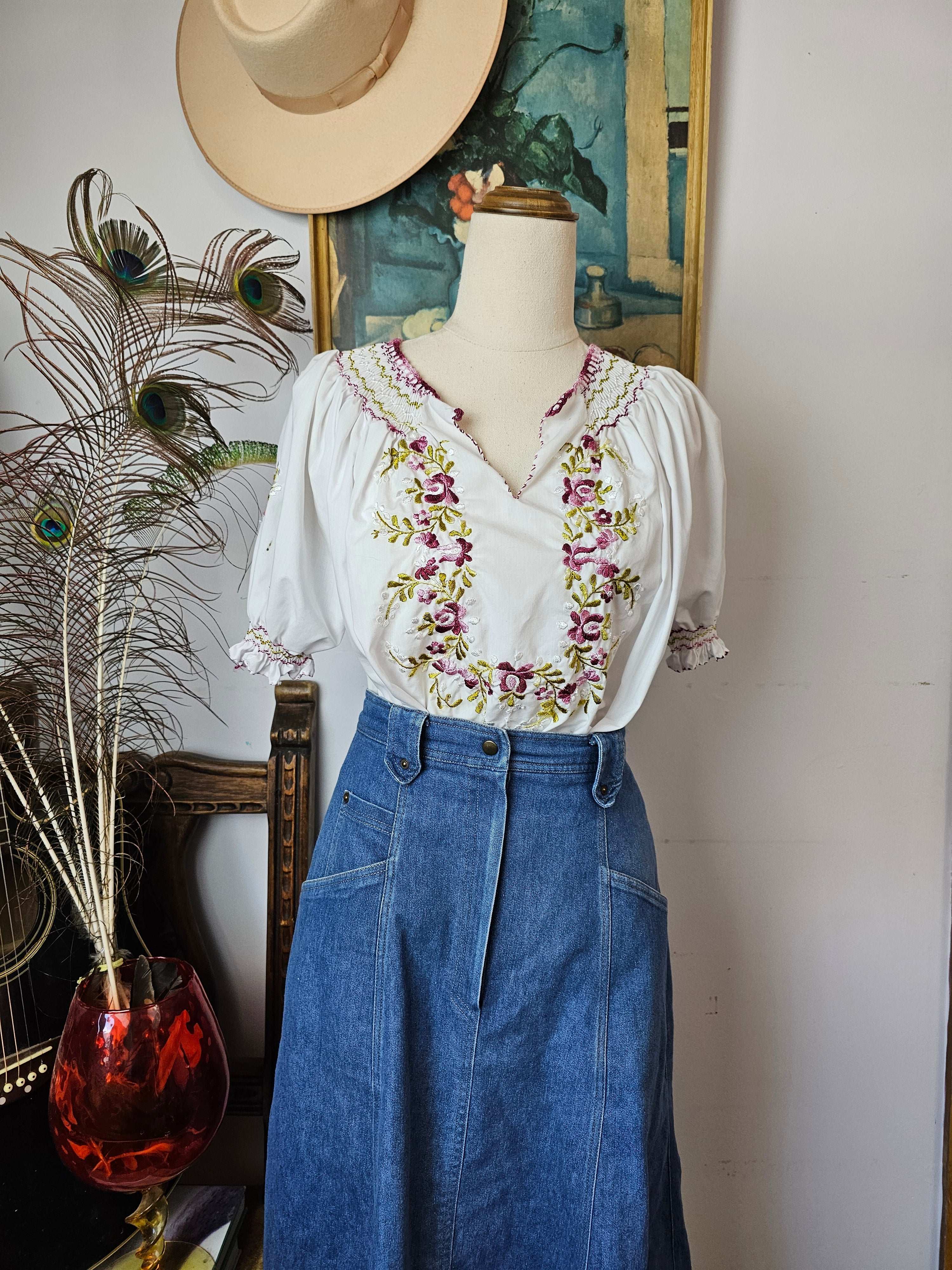 Vintage Bloom Peasant Blouse – Size L