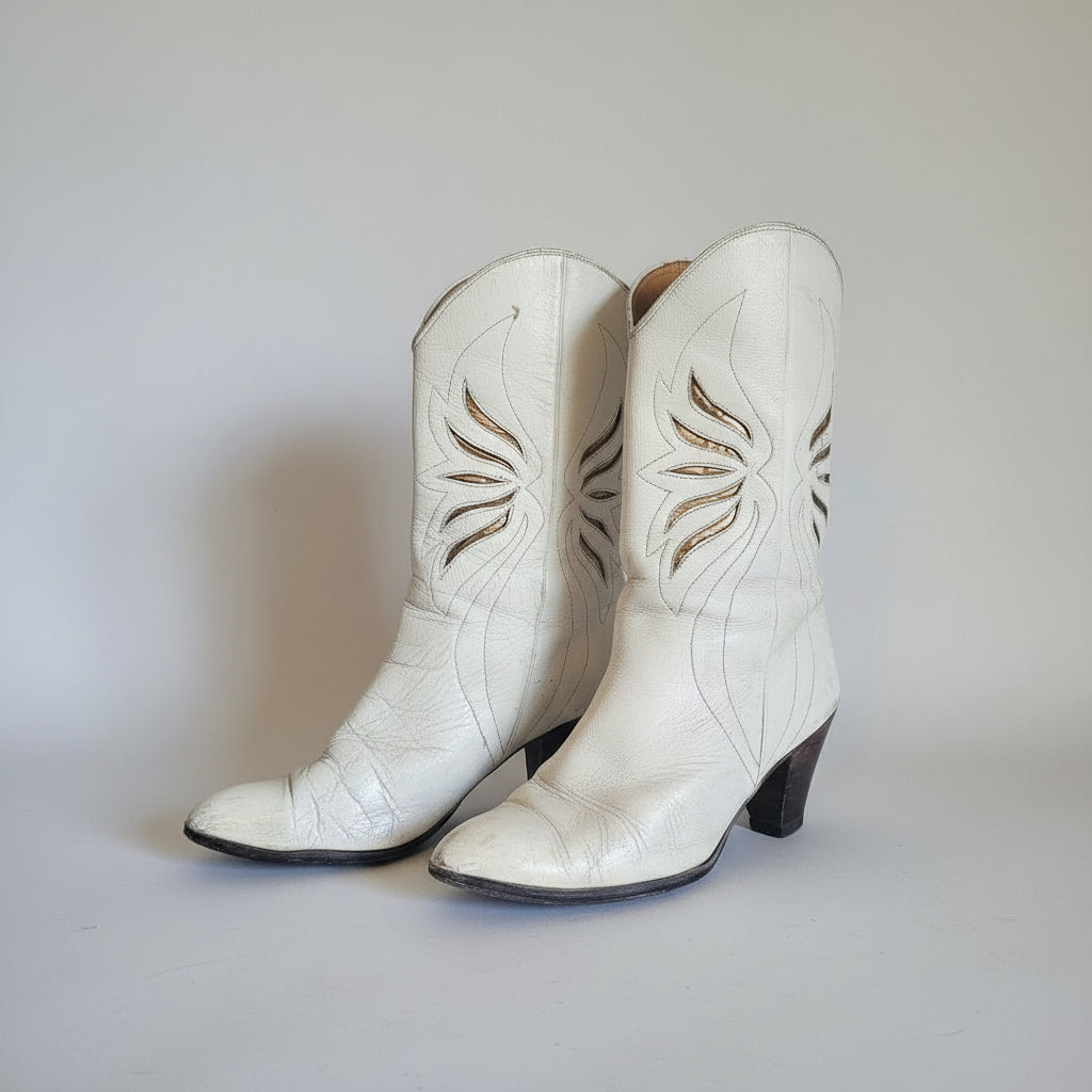 Pair of white leather boots with decorative stitching on a light background