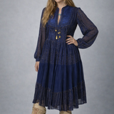 Vintage Adini Quilted Yoke Dress in Midnight Blue & Gold – Made in India (Size S/10)