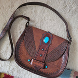 Vintage Tooled Leather Turquoise Saddle Bag