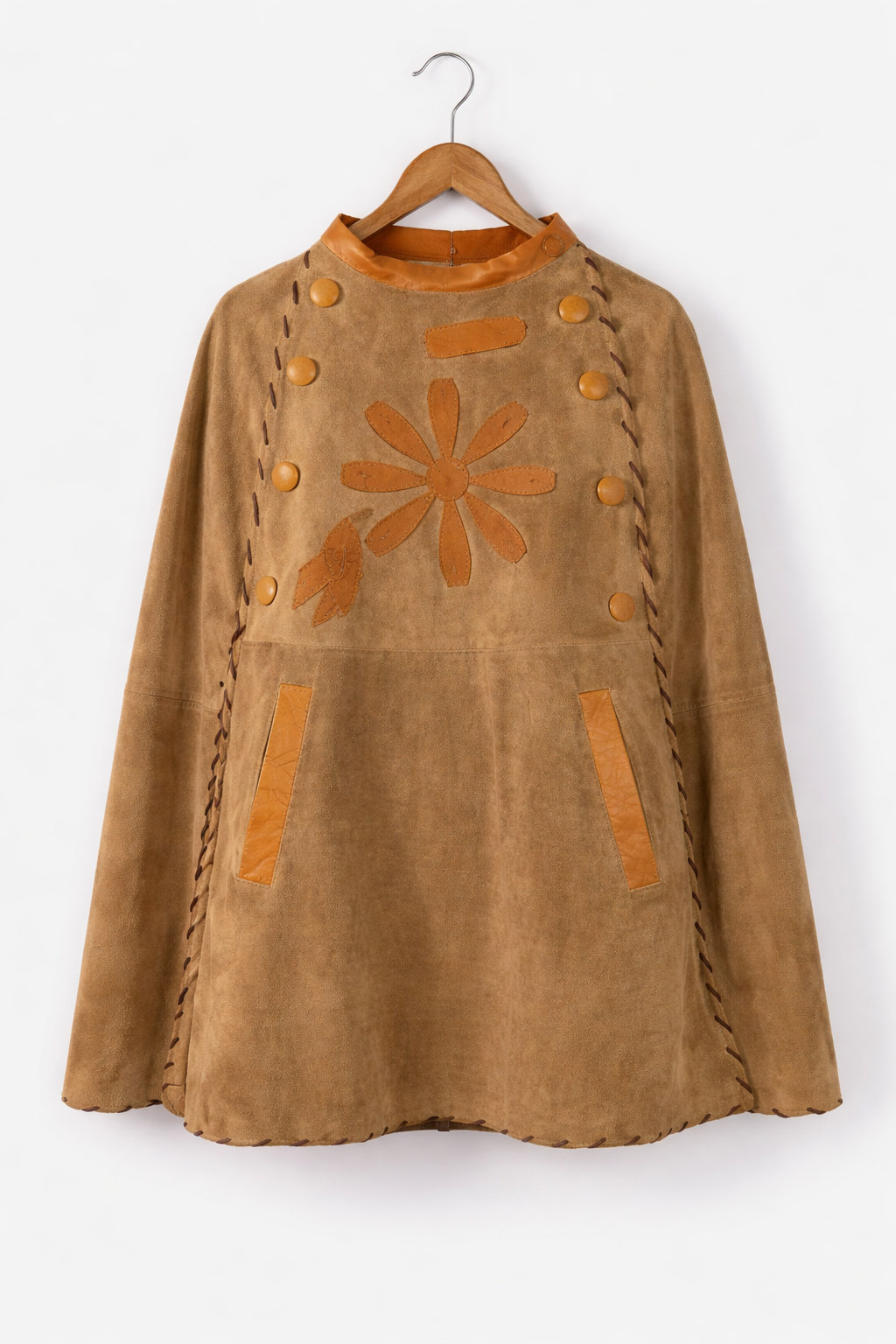 Vintage Mexican Suede Floral Cape – Tan & Burnt Orange one size