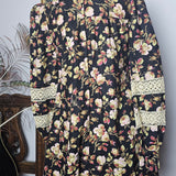 Vintage 60s Black Floral Cotton Folk Mini Dress | Size Small