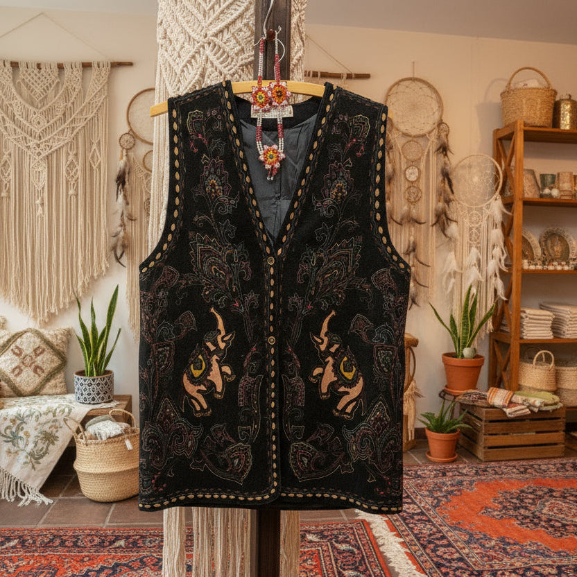 Black embroidered fabric with intricate designs on a white background