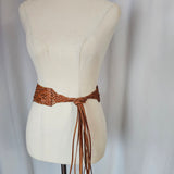 Vintage Tan Woven Leather Tassel Belt – 70s Boho Western Waist Tie