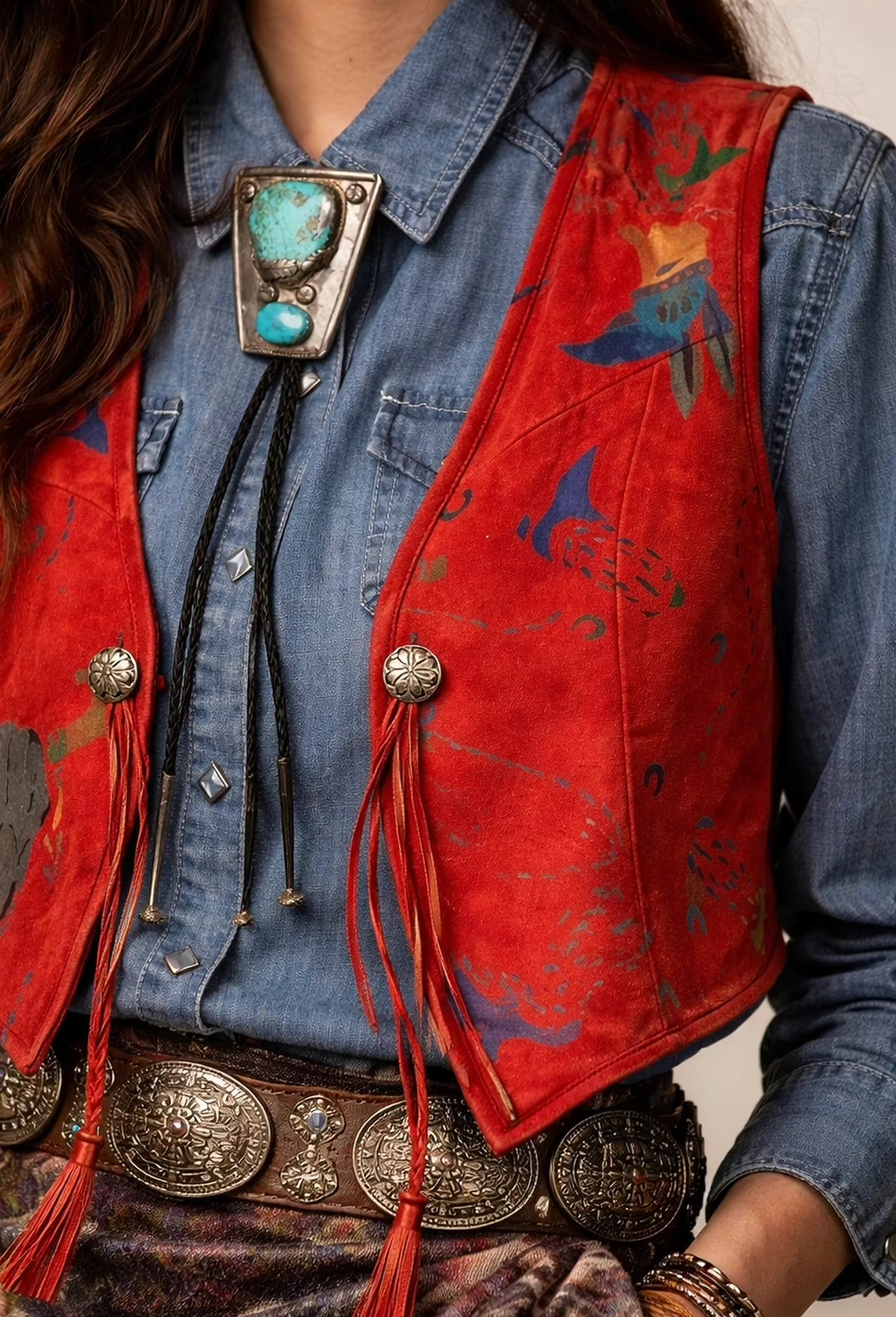 Person wearing a red vintage-style vest with decorative elements and text overlay.