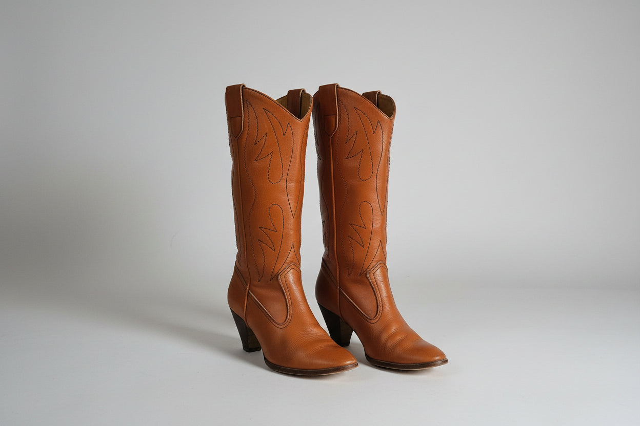 Pair of brown leather cowboy boots on a white background