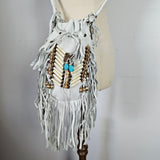 Bohemian White Leather Fringed Bag with Bead & buffalo Bone Detail
