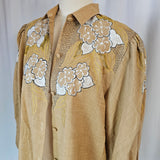 Vintage Mustard Floral Embroidered Blouse – Boho Western Button-Up Shirt M