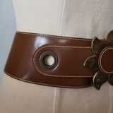 Vintage Wide Leather Belt with Sunflower Buckle L/XXL