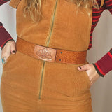 Vintage Tan Leather Belt – Embossed Leaf Design