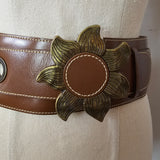 Vintage Wide Leather Belt with Sunflower Buckle L/XXL