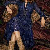 Vintage Adini Quilted Yoke Dress in Midnight Blue & Gold – Made in India (Size S/10)