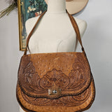 Vintage Tooled Leather Floral Crossbody Bag