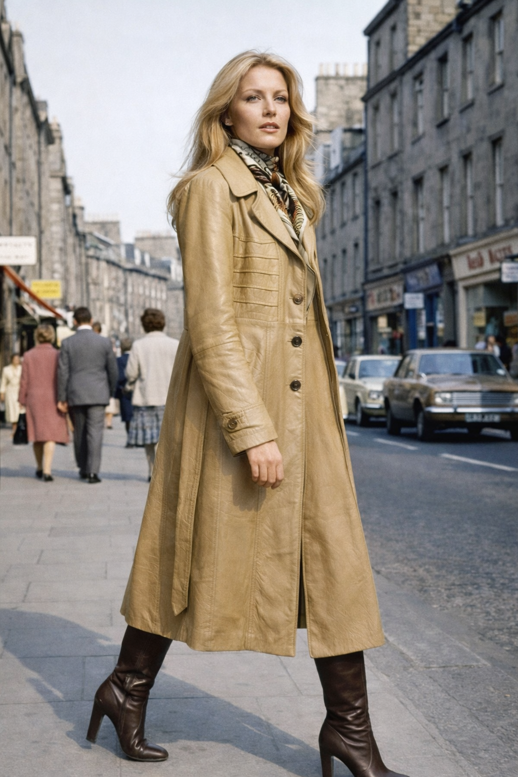 Woman in a beige trench coat walking down a city street.