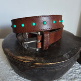 Brown leather belt with turquoise studs 85cm length