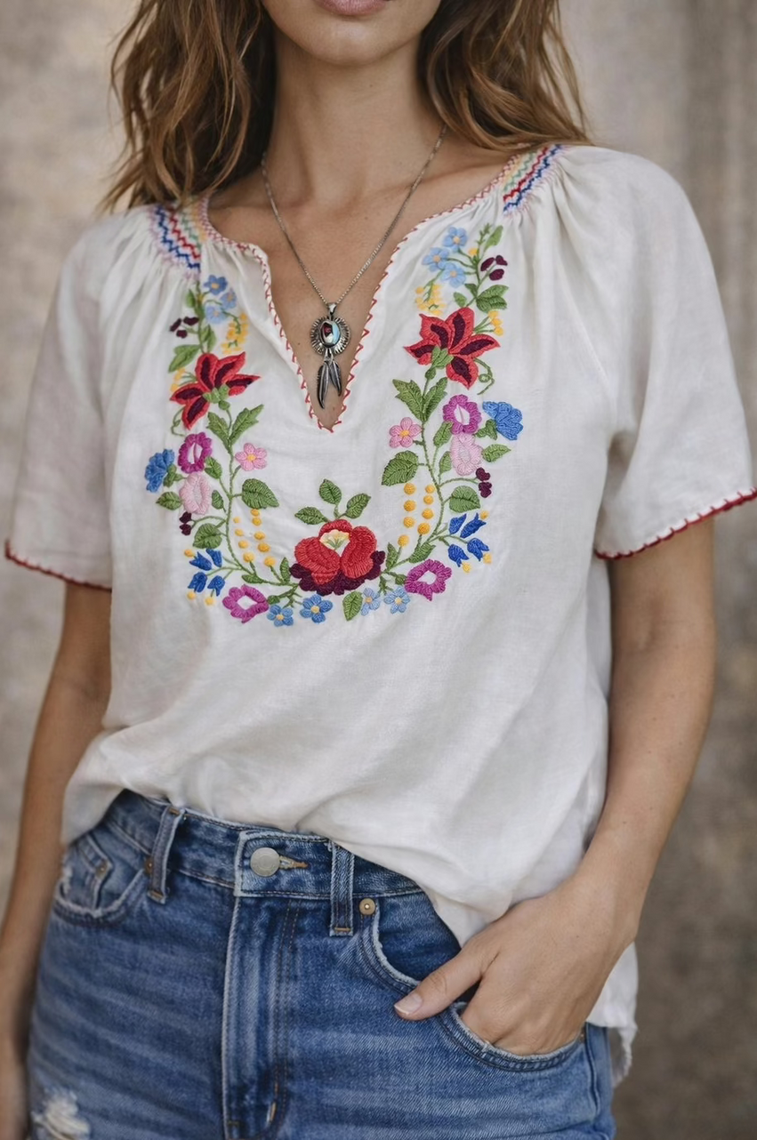 Woman wearing a white blouse with colorful floral embroidery and blue jeans.