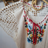 70s Embroidered Crochet Blouse M/L