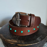 Brown leather belt with turquoise studs 85cm length