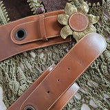 Vintage Wide Leather Belt with Sunflower Buckle L/XXL
