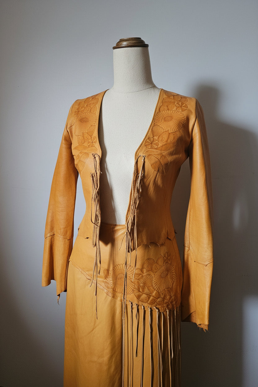 Brown leather outfit with fringes on a mannequin against a plain background