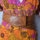Vintage Tan Leather Belt – Embossed Leaf Design