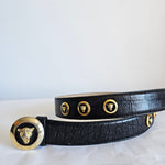 Black leather Escada belt with gold tiger accents 