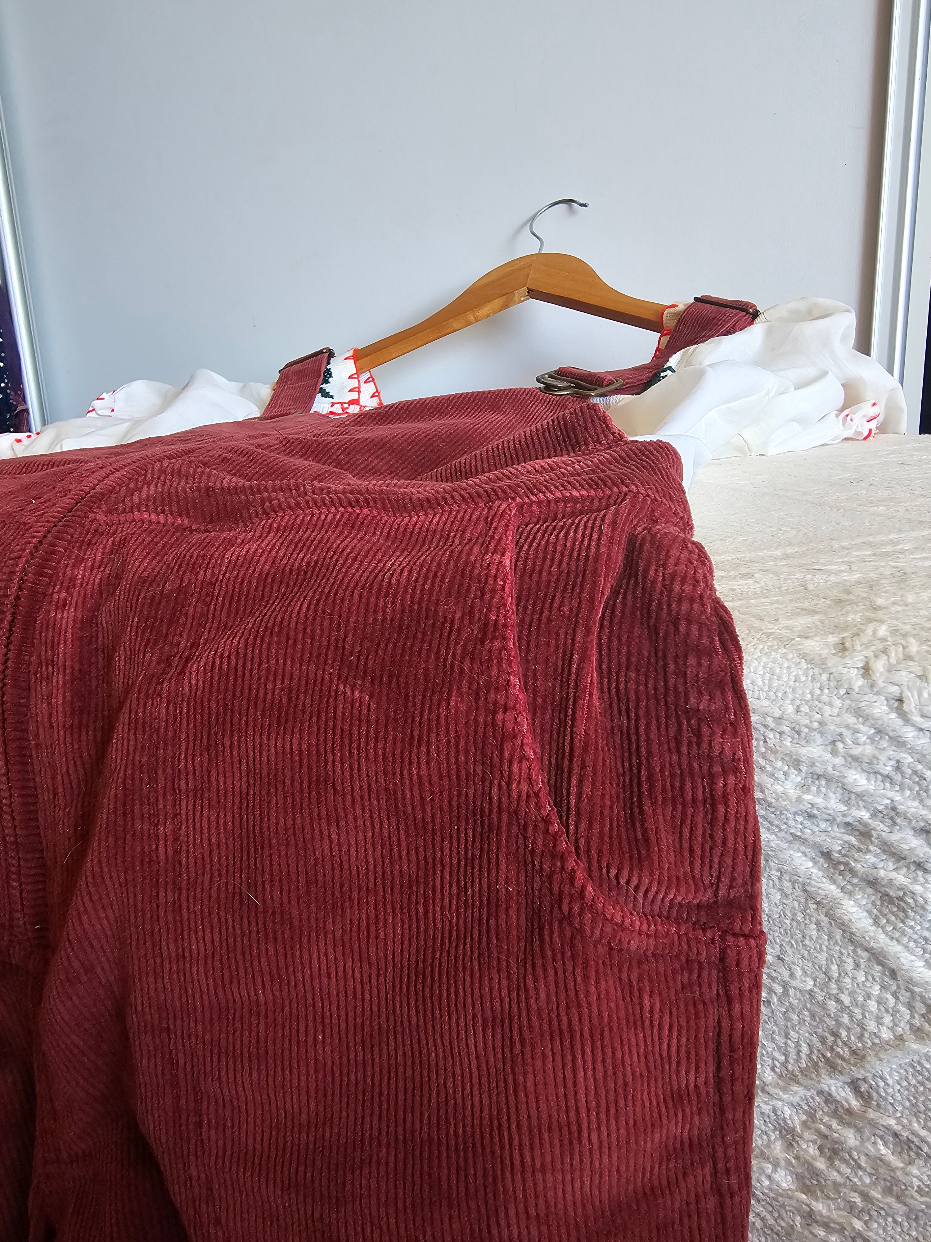 Close-up of a maroon corduroy pants on a hanger against a neutral background