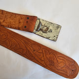 Vintage Tan Leather Belt – Embossed Leaf Design