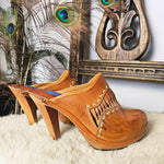 Side profile of Vintage Wild Pair Tan Leather Mules – Size 37 featuring block clog heels and retro Western-inspired design.