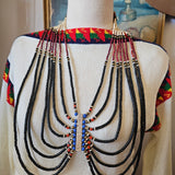 Traditional beaded necklace on a mannequin with a colorful background