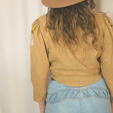 Vintage Mustard Floral Embroidered Blouse – Boho Western Button-Up Shirt M