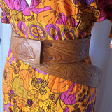 Vintage Tan Leather Belt – Embossed Leaf Design