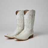 Pair of white cowboy boots on a light gray background